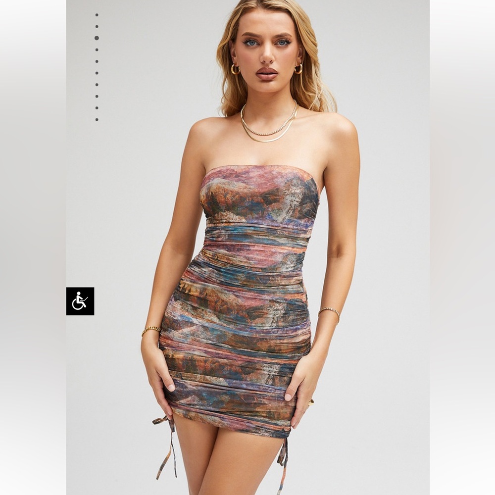 Mistress rocks Abstract Print Mesh Strapless Mini Dress